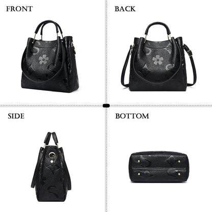 Travistar Floral Handbags and Purses Women - Retro Embossed Leather Top Handle Handbag Large Women's Shoulder Bag 3-in-1 Trendy Hobo Purse Ladies Bucket Satchel Bags Black Work Tote