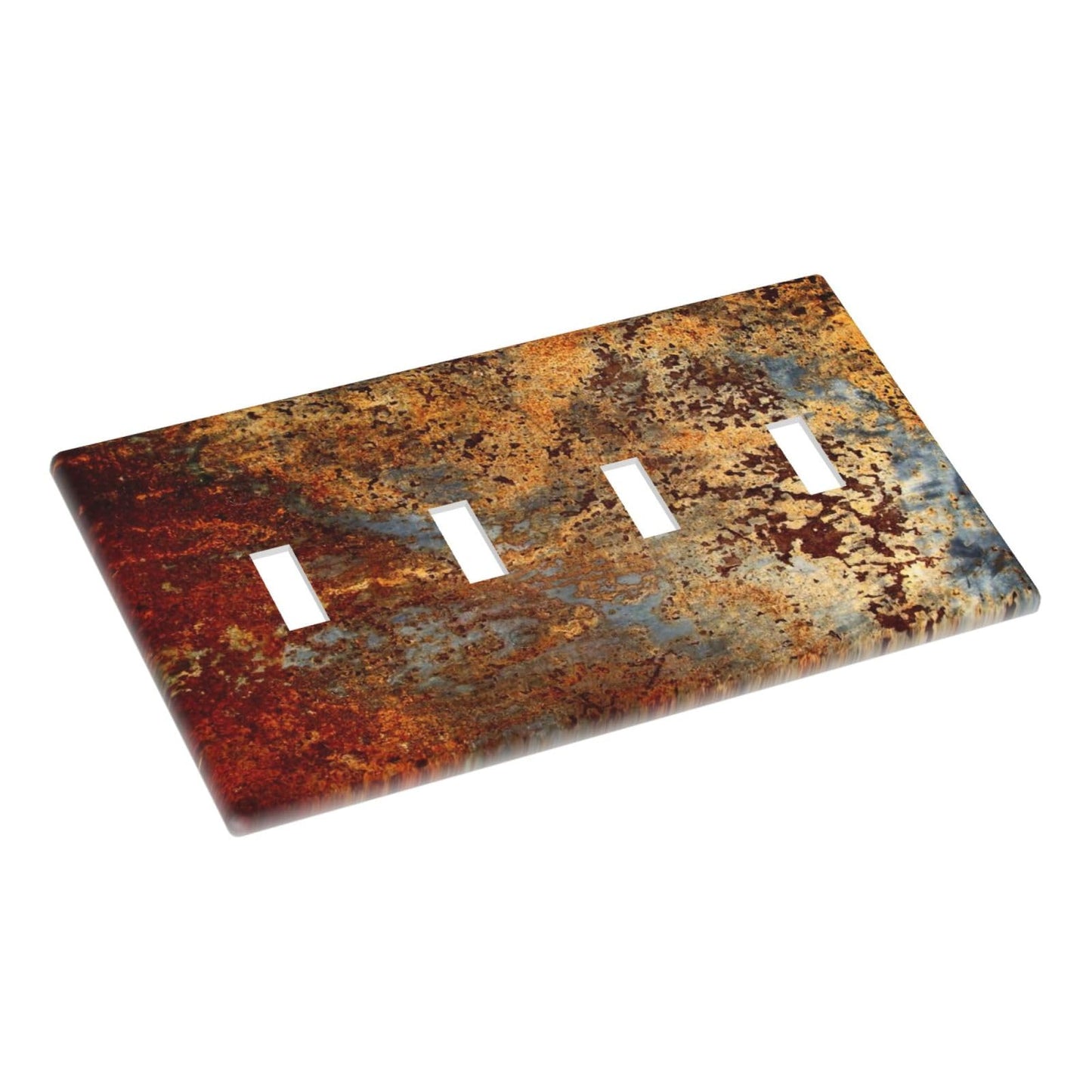 Aged Old Burnt Orange/Brown Copper Rust Metal Decorative 4-Gang Quad Toggle Light Switch Wall Plate Cover, Modern Graffiti Mossy Quadruple Toggle Device Switches Wall Plate Outlet Covers Standard Size