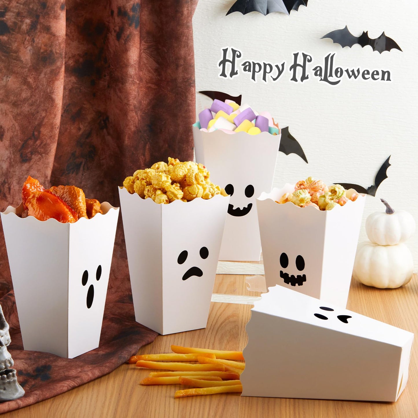 Mimorou 24 Pcs Halloween Popcorn Boxes Bulk Trick or Treat Snack Boxes Ghost Theme Paper Candy Cookie Biscuits Container Halloween Party Supplies for Party Decorations