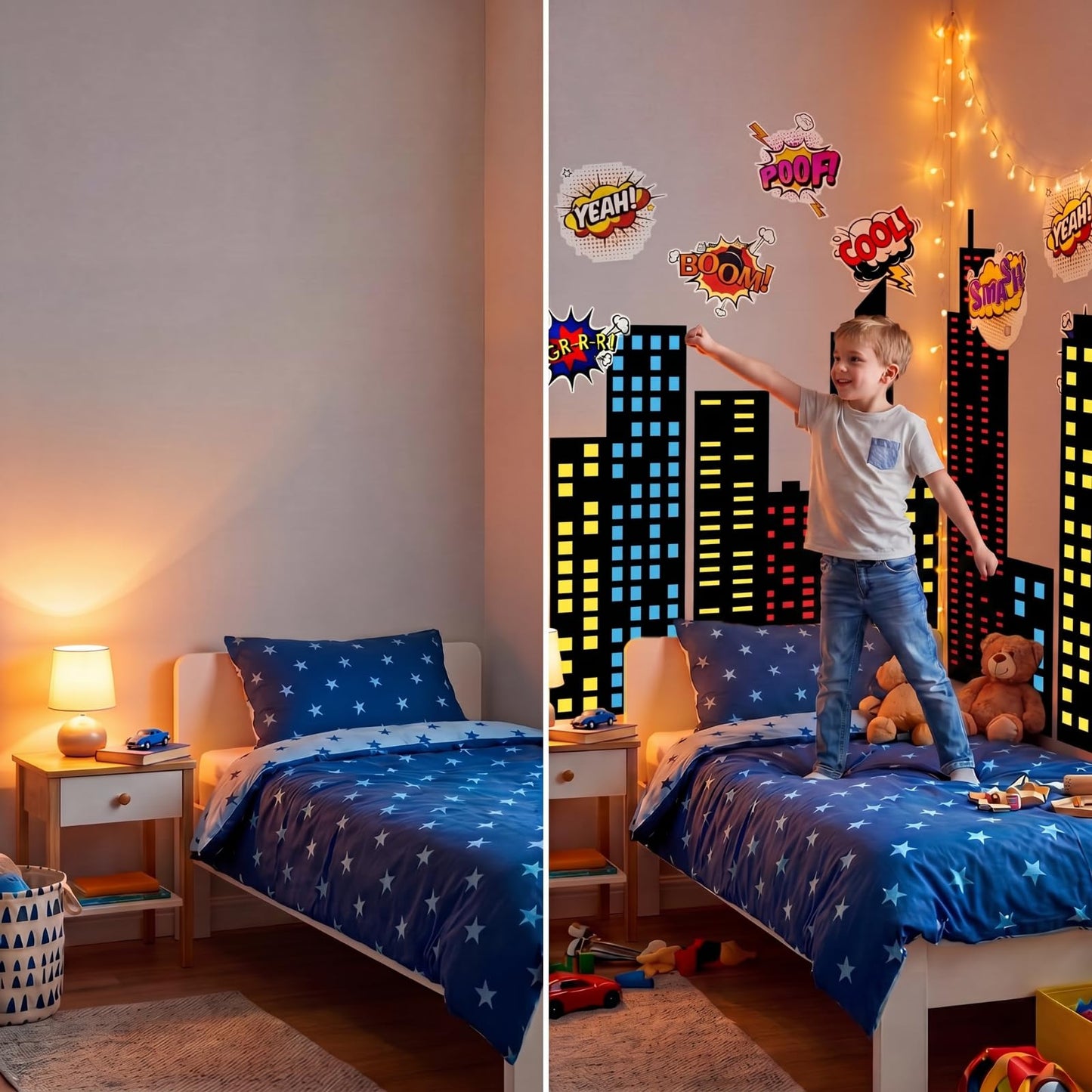 Crtiin 19 Pcs Large Hero Theme City Skyline Wall Decal 12 Comic Words and 7 Large Cityscape Wall Decal Art New York Skyline Hero for Birthday Classroom Backdrop Back to School Hallway Blackboard