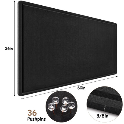 Large Bulletin Board, Foldable 60x36 Inches Cork Board Alternative, Large Felt Board Decorative Pin Board for Wall, Foldable Photo Board Self-Adhesive Vision Board with 36 Pushpins Black