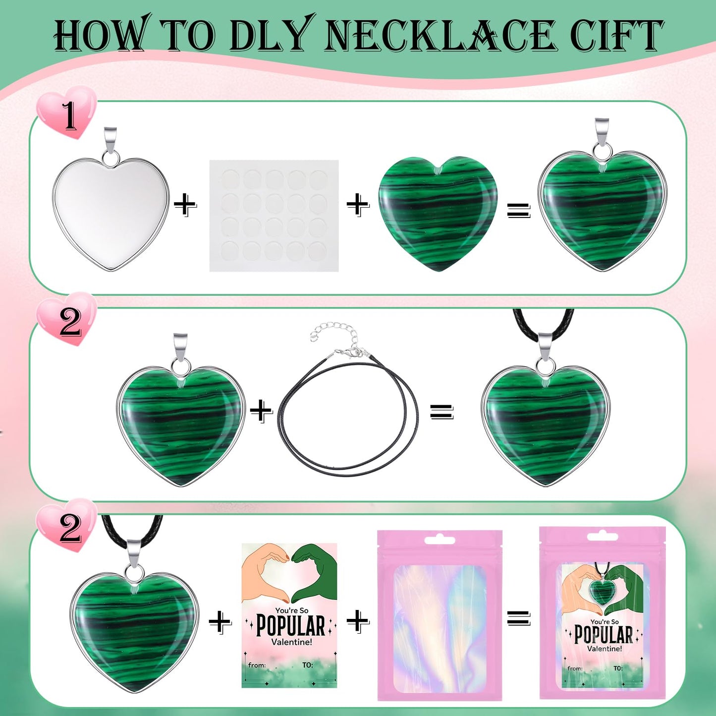 Remerry 24 Sets Valentine's Day Witch Themed Gifts, Galentine's Day Exchange Gift for Best Friends Pink and Green Gemstone Necklace DIY Crafts Kit with Witch Cards Exchange Party Favors for Friends