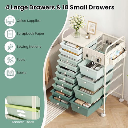 GOFLAME 14-Drawer Rolling Storage Cart with Pegboard, Craft Storage Cart with Lockable Wheels and Metal Frame, Art Cart Supply Storage Organizer for Home Office Classroom, Green Gradient
