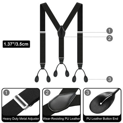 Button Suspenders for Men Y-Back 1.4 Inches Wide Leather Button End Elastic Adjustable Suspenders for Men Tuxedo Black Braces