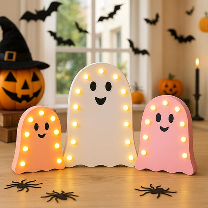 Tujoe 3 Pcs Halloween Decorations Light Up Wooden Ghost Light Up Ghost Kit Pink Halloween Table Centerpiece for Home Decor Kitchen Mantel Tabletop Windowsill