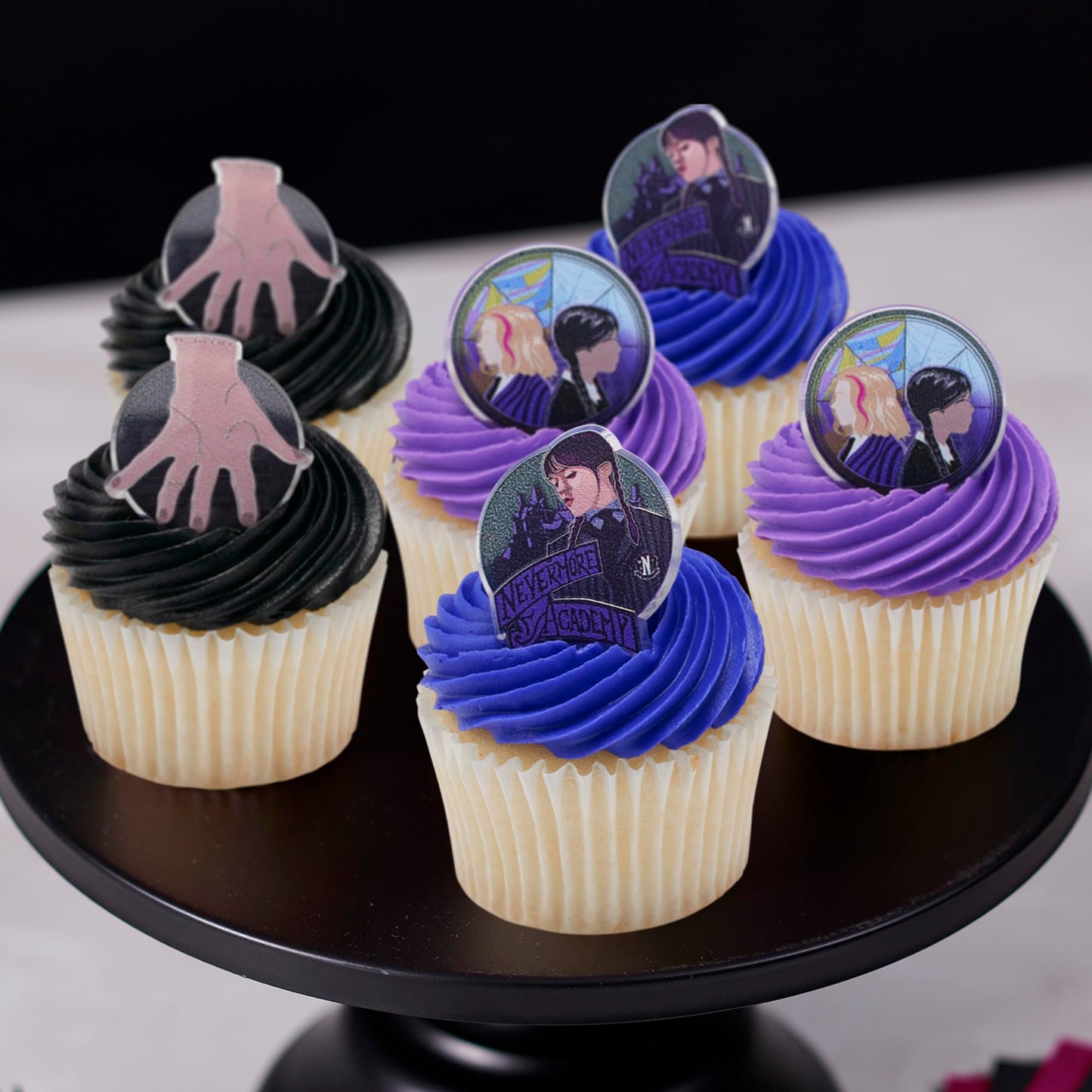 DecoPac Wednesday Outcasts Are In Cupcakes Rings, Nevermore Academy Cupcake Decorations, Food Safe Cupcake Toppers – 24 Pack