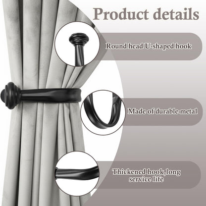 Primero Basics Black Curtain Tiebacks - Wall-Mounted Curtain Holdbacks, Elegant Curtain Hooks for Drapes, Curtain Holders for Wall, Tie Backs for Curtains, Modern Curtain Hooks,2 Pack