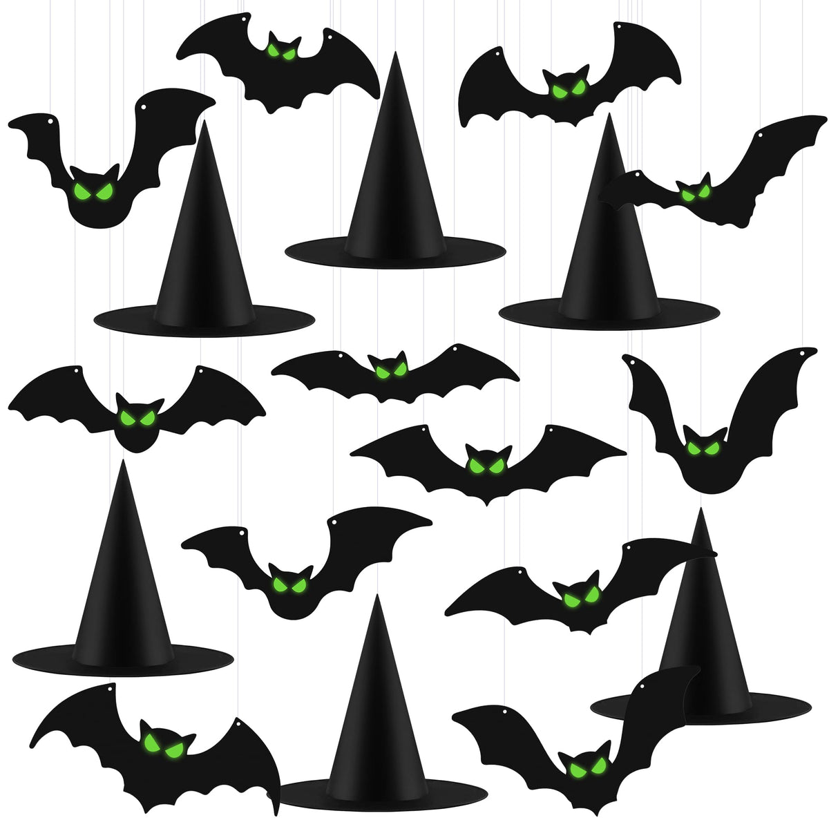Fovths 12 Pieces Halloween Hanging Decoration With Glow Eyes - 6 Pack Black Witch Hat for Garden Yard Lawn Scary Decor Outside