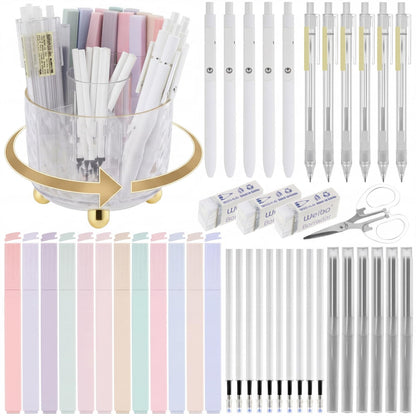 Eersida 44 Pcs Aesthetic School Supplies with 360° Rotating Pen Organizer, Office Supplies, 12 Highlighters, 5 Ink Gel Pens, 6 Mechanical Pencils Set for Stationary Office Desk Accessories(Clear)