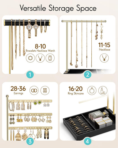 VLANDO Jewelry Stand Organizer with Ring Holder Tray, Necklace and Earring Storage for Bracelets, Watches and Rings, PU Leather Covered Wooden Tray with Gold Metal Frame - Black