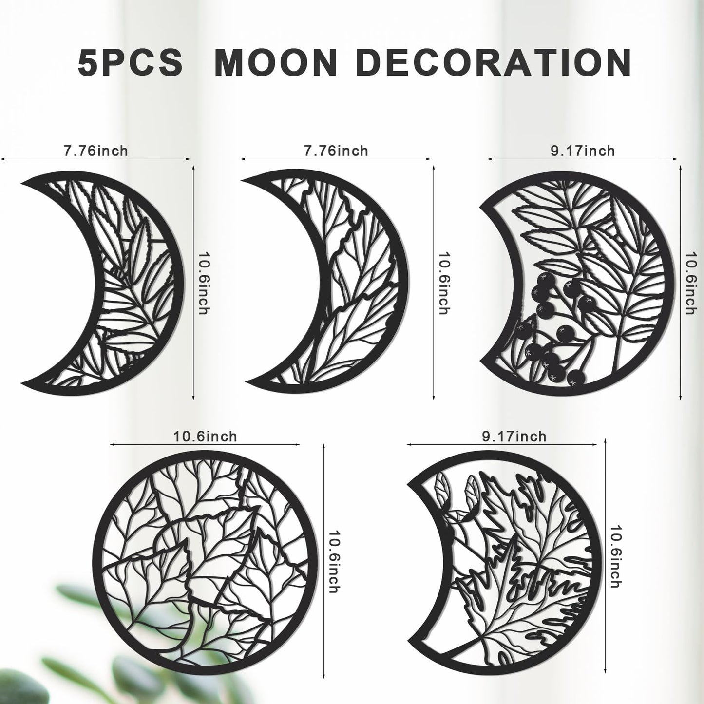 Jetec 5 Pcs Moon Phase Wall Art Decor Wall Pediments Hanging Wooden Phase Spiritual Bedroom Nordic Boho Lunar Aesthetic Art for Living Room Dorm Apartment Ornament(Black,10.6 Inch,Botanical)