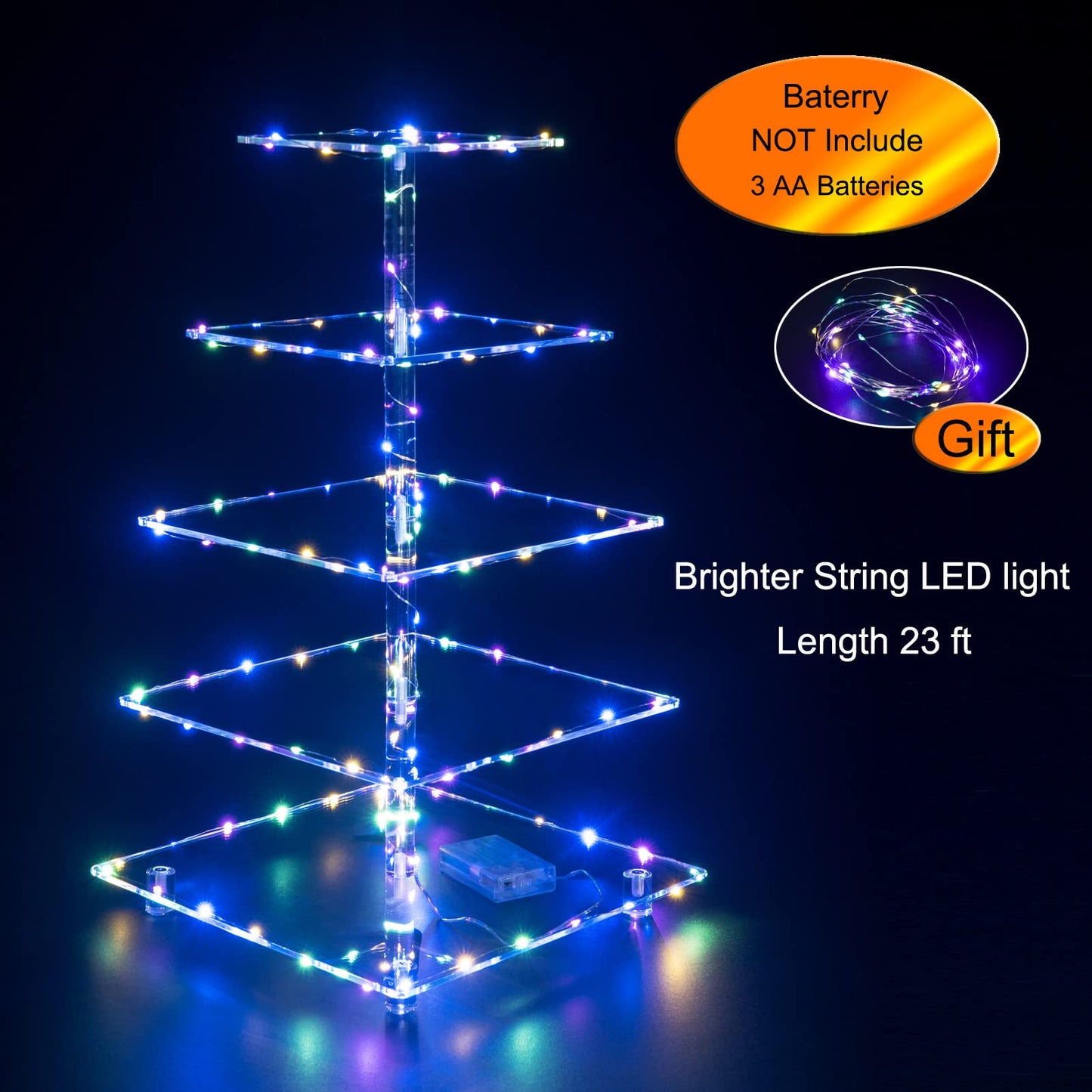 OLACHIKKO Cupcake Stand, 5-Tier Square Cupcake Holder with LED Light String, Acrylic Cupcake Tower Display-Dessert Tower-Pastry Stand-Cupcake Tier Stand for Wedding, Birthday Party (Colorful Light)…