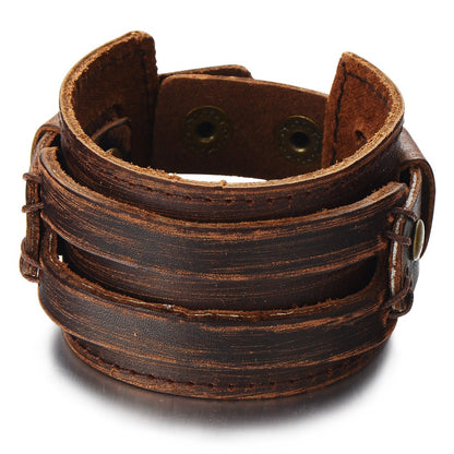 COOLSTEELANDBEYOND Men's Wide Brown Distressed Leather Cuff Bracelet with Snap Button Closure, Multi Wrap Layered Wristband, Vintage Biker Punk Jewelry Gift
