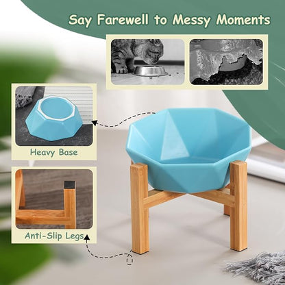 Green with Stand Ceramic Tilted Elevated Raised Pet Bowl with Bamboo Stand for Cats and Dogs No Spill Pet Food Water Feeder