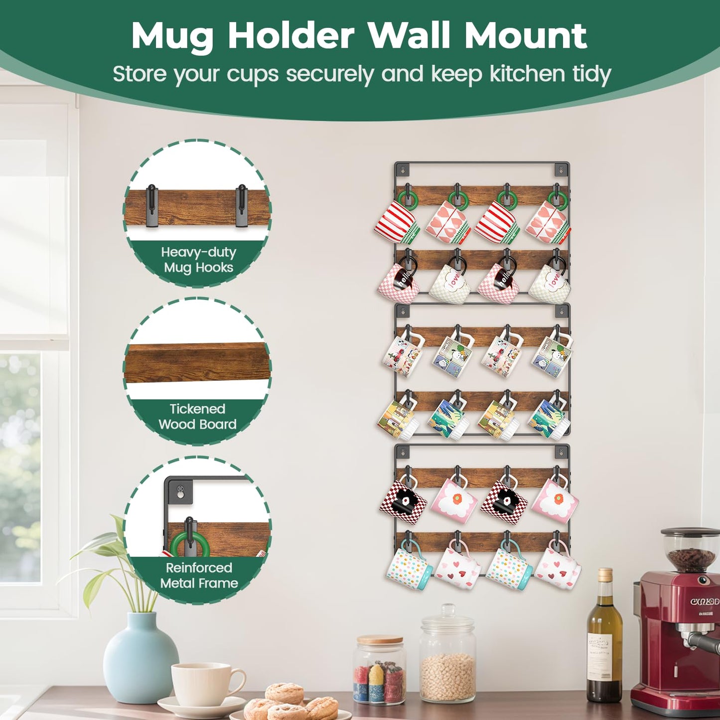 EsLuker.ly Mug Holder Hanger Rack Wall Mounted Wooden 3 Pack Coffee Cup Storage Organizer Display Shelf with 24 Movable Plastic Hooks, Ideal for Mug Collectors