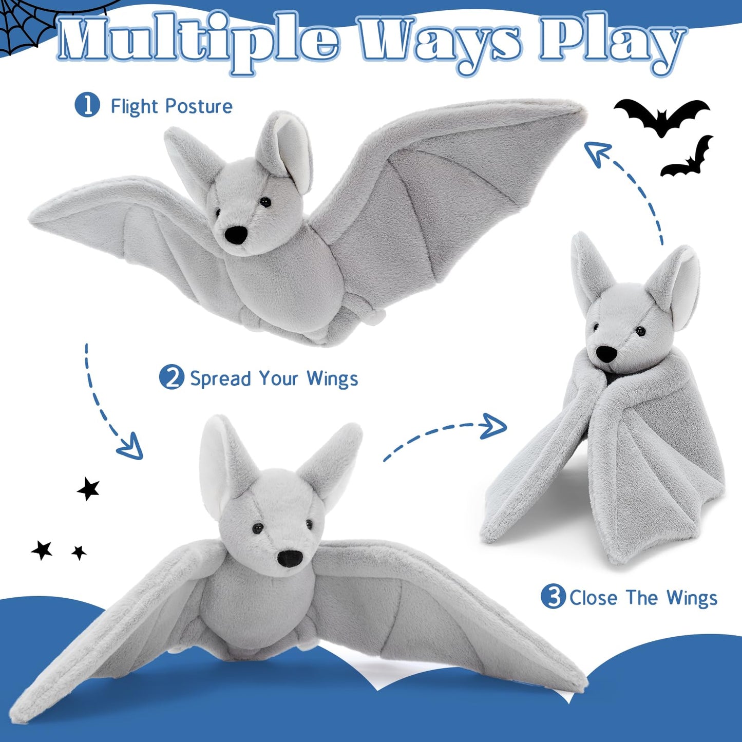 Tezituor 4 Pcs Large Bat Stuffed Animals Set, 22 Inch Realistic Big Stuffed Bat Plush Grow in the Dark for Party Decoration, Cute Bat Plush Bulk for Boys Girls