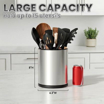 TODAYGO Utensil Holder For Kitchen Counter, Large 360°Rotating Stainless Steel Utensil Crock with 3 Compartment, Drainage Non-Slip