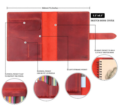 Robrasim Handmade Leather Sketchbook Cover, Leather Artist Sketch Pad Cover for 5.5" x 8.5" Sketchbook, Drawing Book and Pencil Case, Journal Notebook Portfolio, Artis Gifts-Wine