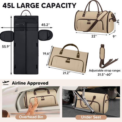 Vessgra 2 in 1 Duffle Bag, Carry On Duffle Bags for Women, 2 in 1 Suit Bag with Shoes Compartment 45L Garment Bag for Airplane Travel,Garment Bags with Shoulder Strap,(Khaki)