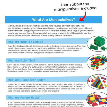 hand2mind-93538 Take Home Math Manipulatives Kit for Kids Grade K-2, with Snap Cubes, Base Ten Blocks, Cuisenaire Rods, Pattern Blocks, Color Tiles and Learning Clock, Homeschool Supplies (292 Pieces)