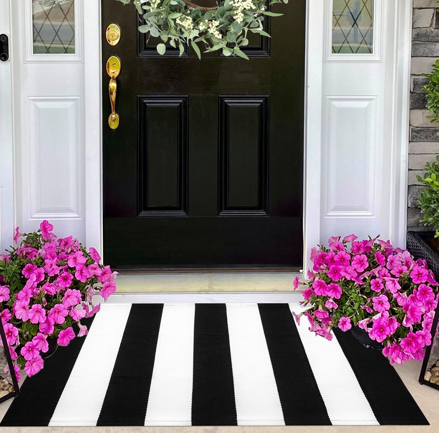 KIhipIoe Black and White Striped Rug Doormat 24"x35" Washable Front Porch Rug Farmhouse Layered Door Mats Outdoor