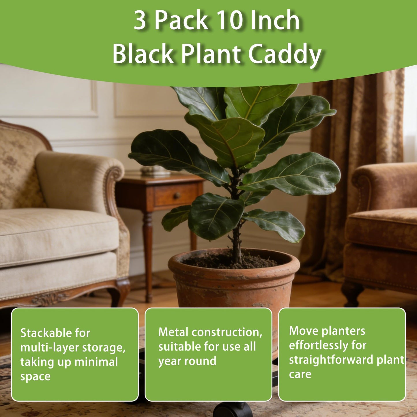 HOSTIC 3 Packs 10in Plant Caddy with Lockable Wheels Large Metal Plant Caddy Square Planter Dolly Pot Mover Rollers Indoor Outdoor Plant, Capacity for 150 Pounds of Flower Pots Black