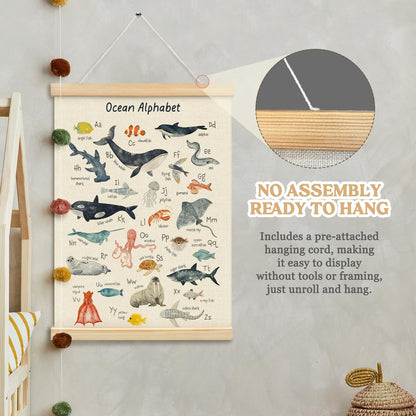 MOFUYU Ocean Nursery Decor,Ocean Alphabet Poster for Classroom Wall,ABC Posters Hanger Frame for Kidsroom,Nursery,Classroom,Kindergarten 12x16 Inch