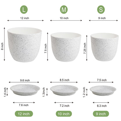 WSMKSZ Large Flower Pots 12/10/9 inch, Set of 3 Modern Decorative Plastic Planters with Drainage Holes and Saucers for Garden House Plants, Plant Pots for Indoor Outdoor Plants, Speckled White