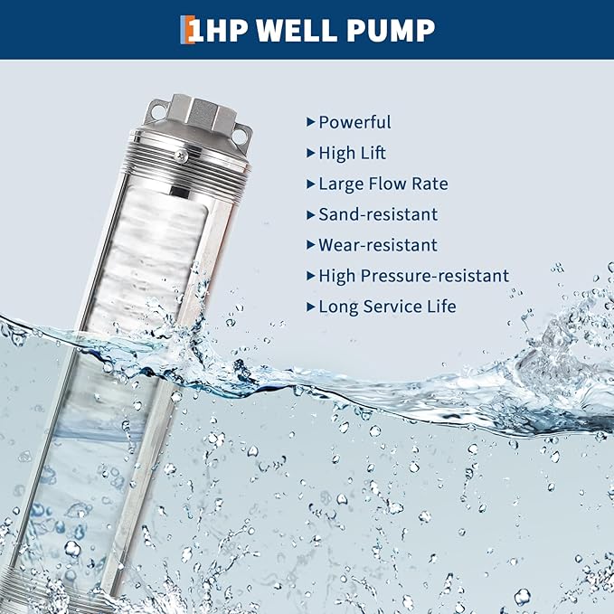 Deep Well Submersible Pump, 1HP 230V/60Hz, 27GPM Flow 204ft Head, with 33ft Electric Cord & Check Valve, 4" Stainless Steel Water Well Pump for Industrial,Irrigation,Home Use, IP68 Waterproof Grade