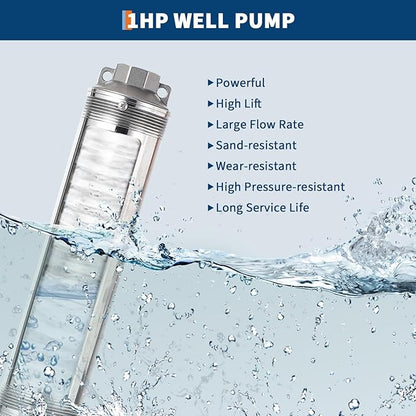 Deep Well Submersible Pump, 1HP 110V/60Hz, 27GPM Flow 204ft Head, with 33ft Electric Cord & Check Valve, 4" Stainless Steel Water Well Pump for Industrial,Irrigation,Home Use, IP68 Waterproof Grade