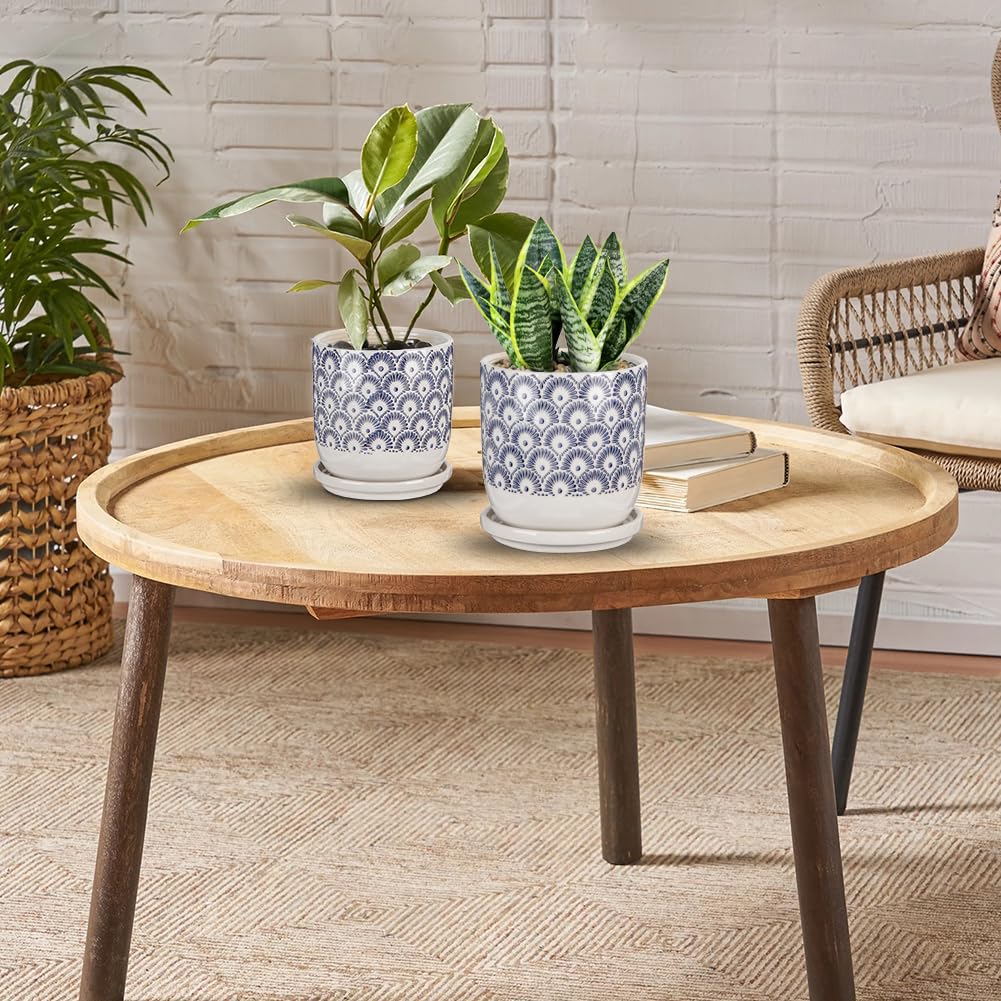 Ceramic Planter Pots for Indoor Outdoor, 5+6 inch Round Flower Pots with Drainage Hole and Tray, Blue and White Plant Pots for Succulent Orchid Flower, Gardening Home Desktop Office Use(Set of 2)