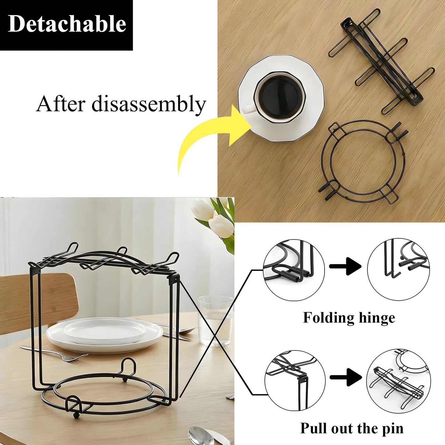 YOLIFE Tea Cup Holder for Countertop, Metal Cup and Saucer Display Stand, Foldable Tea Station Organizer, Espresso Coffee Cups Rack for Home or Bar Decor