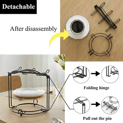 YOLIFE Tea Cup Holder for Countertop, Metal Cup and Saucer Display Stand, Foldable Tea Station Organizer, Espresso Coffee Cups Rack for Home or Bar Decor