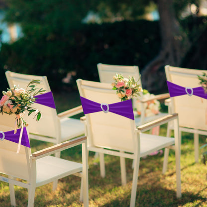 VitalCozy 100 Pcs Spandex Chair Sashes with Heart Shaped Buckle Slider Stretch Chair Cover Band Universal Elastic Ties for Wedding Banquet Event Party Decoration(Purple)