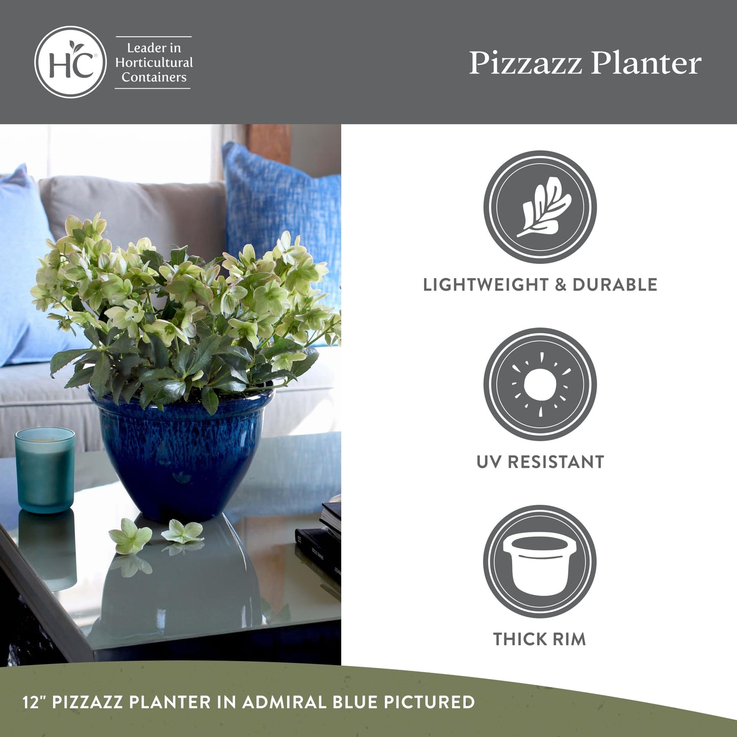 The HC Companies 9 Inch Pizzazz Round Planter Pots with Ceramic Look, Lightweight UV-Resistant Plastic Indoor & Outdoor Planters, 2-Pack Flower Pots for Garden & Home Decor, Foggy Gray