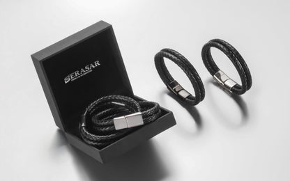 SERASAR 9″ Black Leather Bracelets for Men Mens Cowhide Gift Box Braided Bracelet Stainless Steel Jewelry Wrist Band Cuff Wrap Rope Bangle Dad Man Pulseras para Hombres Cuero Regalo