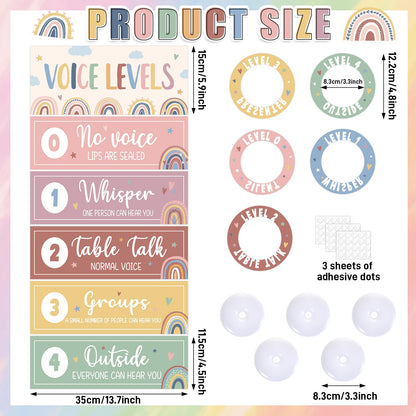 5 Pcs School Push Light and Voice Level Poster Voice Level Chart Monitor Rules Sign LED Tap Light Classroom Rules Poster Noise Chart Classroom Management Tools for Teachers Back to School （Boho Style）