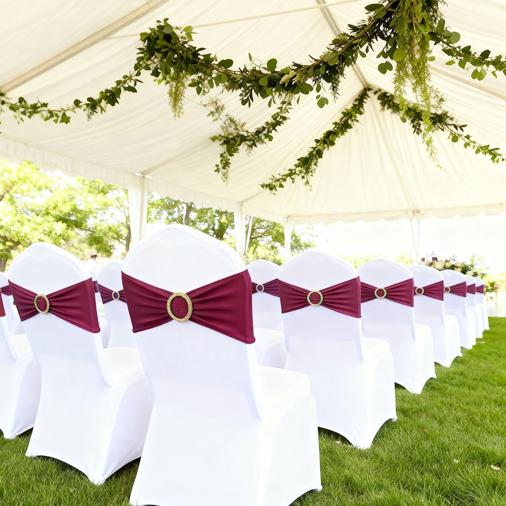 MAGTOWNE Burgundy Chair Sashes 50 Pack with Gold Buckle Slider, Spandex Wine Red Chair Bands Bows for Folding Chairs Wedding Party Banquet Décor