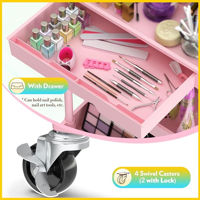 SUNALLY Makeup Cart Organizer with Drawers, Floor Skincare Organizers Vanity Storage Organizer, Rolling Makeup Bathroom Storage Cart Cosmetics Display Cases for Skin Care Perfume Nail Polish, Pink
