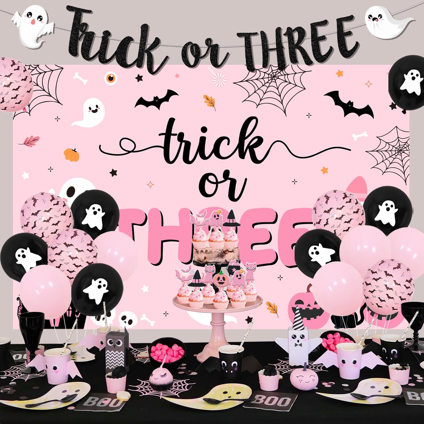 Trick or Three Theme Halloween 3rd Birthday Party Decorations Trick or Three Backdrop Banner Number 3 Foil Balloon Halloween Theme Cake Cupcake Toppers for Halloween 3rd Birthday Party Decor Favoers