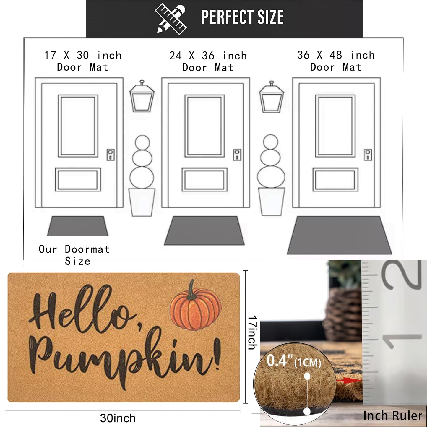 IZUS Hello-Pumpkin Welcome-Doormats - Non-Slip Coir Entrance-Mat Fall-Harvest-Festival Front-Door-Mat Porch-Rugs Home-Decor 17x29inch