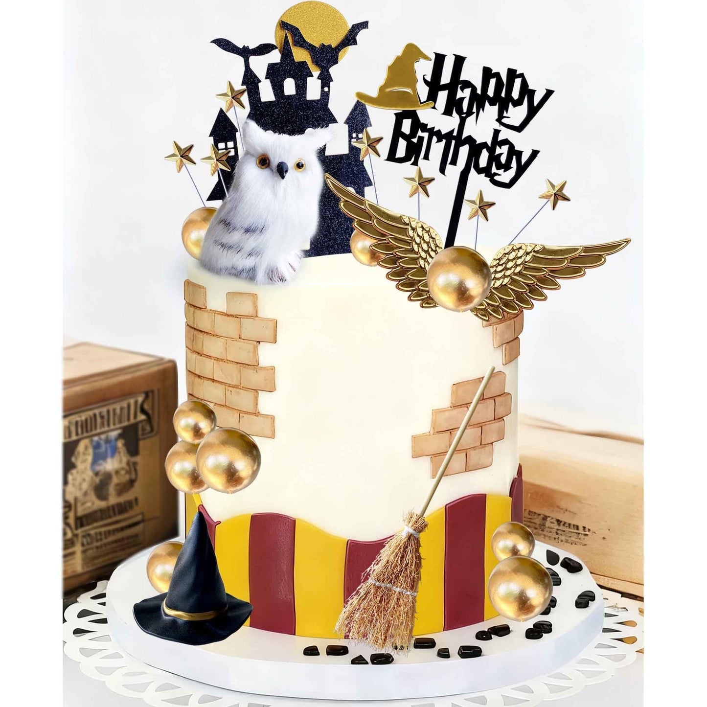 26 PCS Wizard Birthday Party Cake Decorations Set, Happy Birthday Acrylic Cake Topper with Magic Hat, Broom, Castle, Wings, Stars, Balls