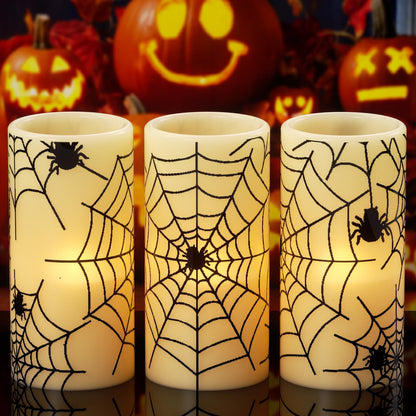GenSwin Halloween LED Flickering Flameless Candles Battery Operated with Spider Decals, 3 Pcs Pillar Candlestick Real Wax with 6H Timer for Decoration