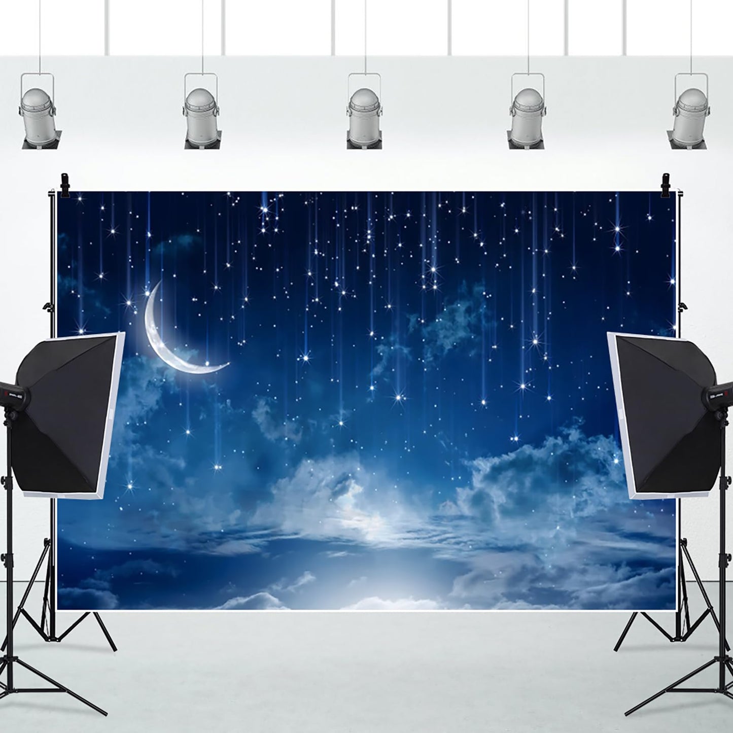 Renaiss 7x5ft Shooting Star Backdrop Blue Galaxy Starburst Curved Moon Background Cosmic Nebula Constellation Celestial Photo Backdrop Twinkle Star Meteor Baby Shower Kids Birthday Party Supplies