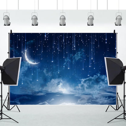 Renaiss 7x5ft Shooting Star Backdrop Blue Galaxy Starburst Curved Moon Background Cosmic Nebula Constellation Celestial Photo Backdrop Twinkle Star Meteor Baby Shower Kids Birthday Party Supplies