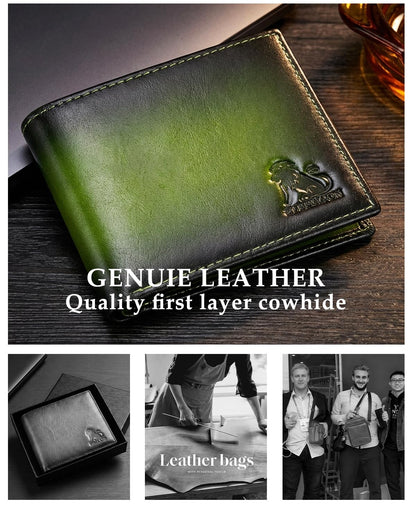 STEELLION Leather Wallets for Men, Cowhide Mens Bifold Wallet RFID Blocking with 2 ID Windows, Zipper Pocket (Green)