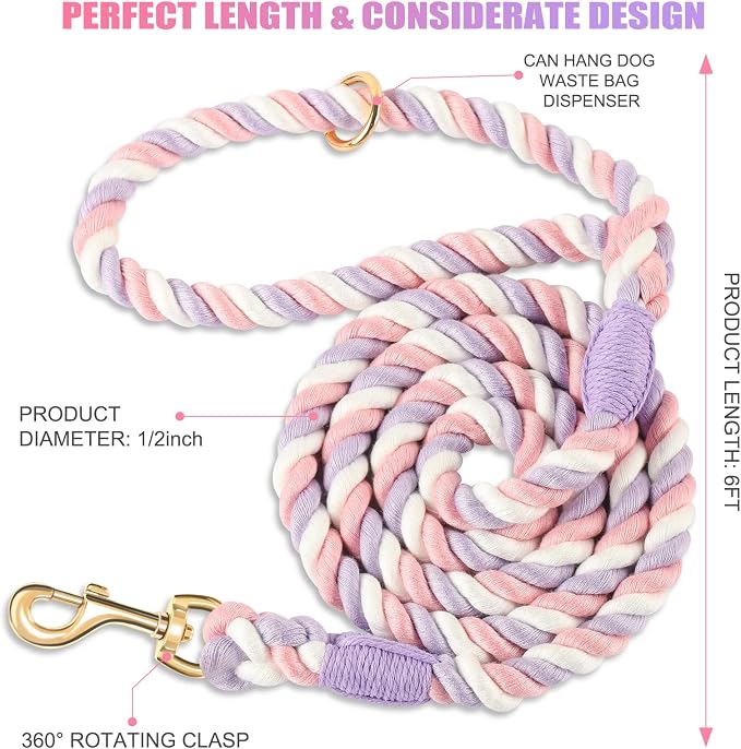 Dog Leash 6 FT Handmade Braided Cotton Rope Leashes for Small Medium and Large Dogs, New Golden Heavy Duty Metal Clasp, Unicorn Purple