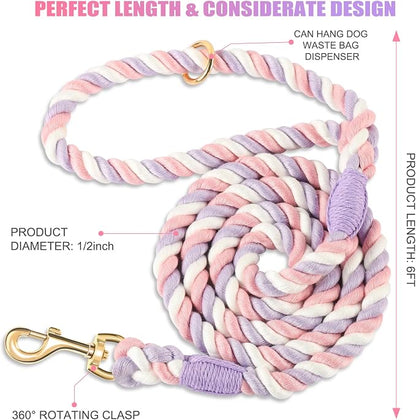 Dog Leash 6 FT Handmade Braided Cotton Rope Leashes for Small Medium and Large Dogs, New Golden Heavy Duty Metal Clasp, Unicorn Purple