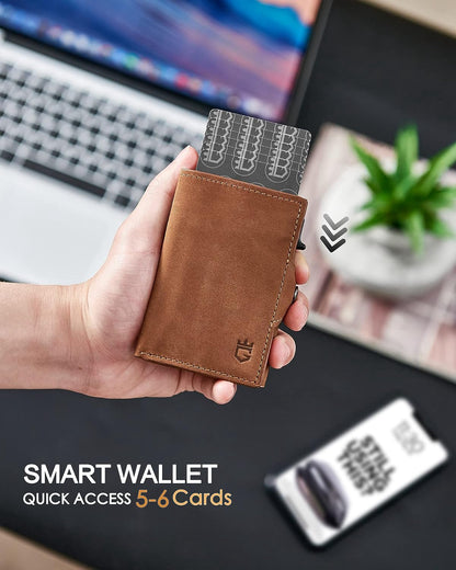 Gemonklee Men's Slim Wallet, Brown 3.0, 100% Full Grain Leather, RFID Protected, Airtag Wallet Holder, 3" L x 4" W x 0.8" H