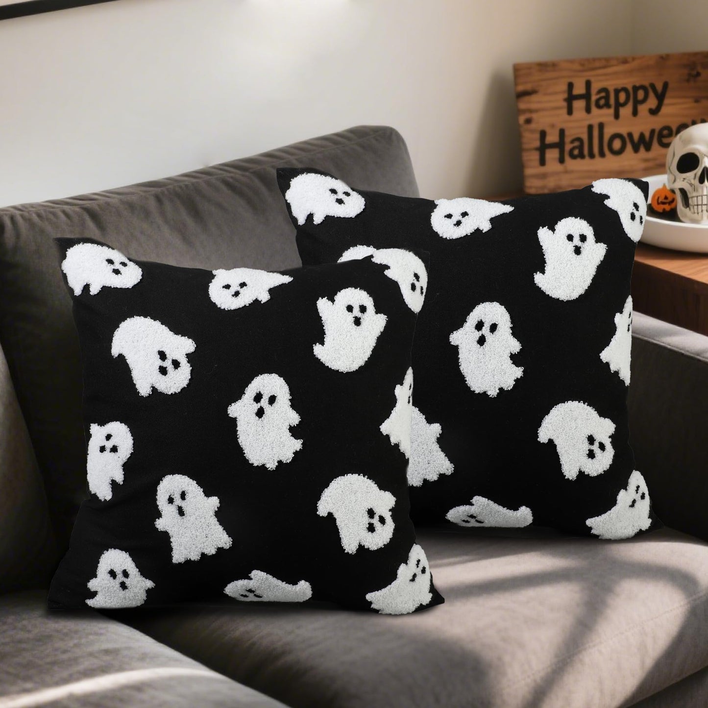 2PCS Halloween Pillow Covers 18 x 18 Inch White Ghost Throw Pillow Cases 3D Embroidered Cushion Covers Halloween Black Decorative Pillowcases for Sofa Couch Bed Living Room Home Indoor Outdoor Decor
